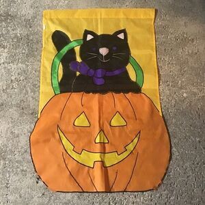 Vintage Halloween Flag Banner Pumpkin Jack o' Lantern Black Cat 28" x 42" Wear